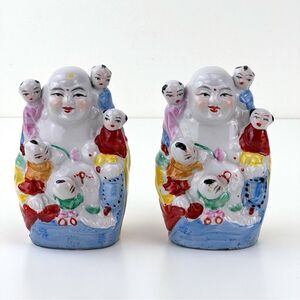 Vintage Asian Porcelain Laughing Buddhas With Children Good luck - 5"H Set Of 2